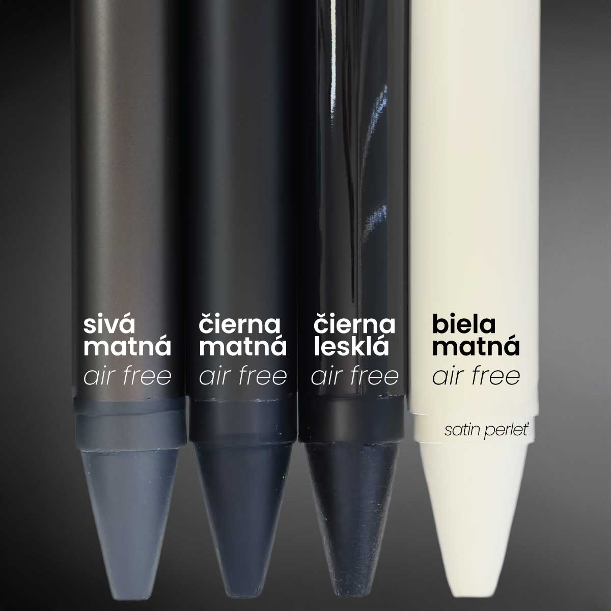 Detail štyroch vinylových fólií air free v odtieňoch sivá matná, čierna matná, čierna lesklá a biela matná satin perleť.
